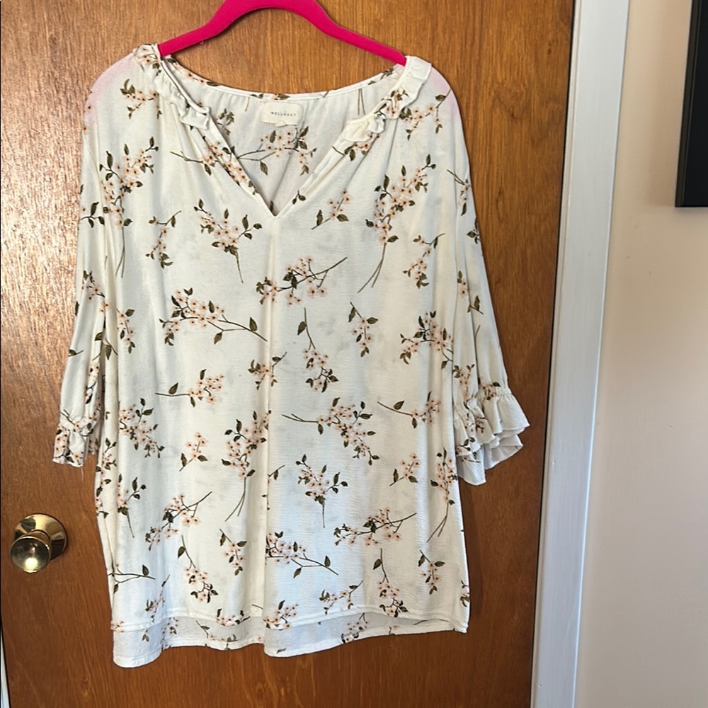 Cream Bell Sleeve Blouse with Ruffled Design